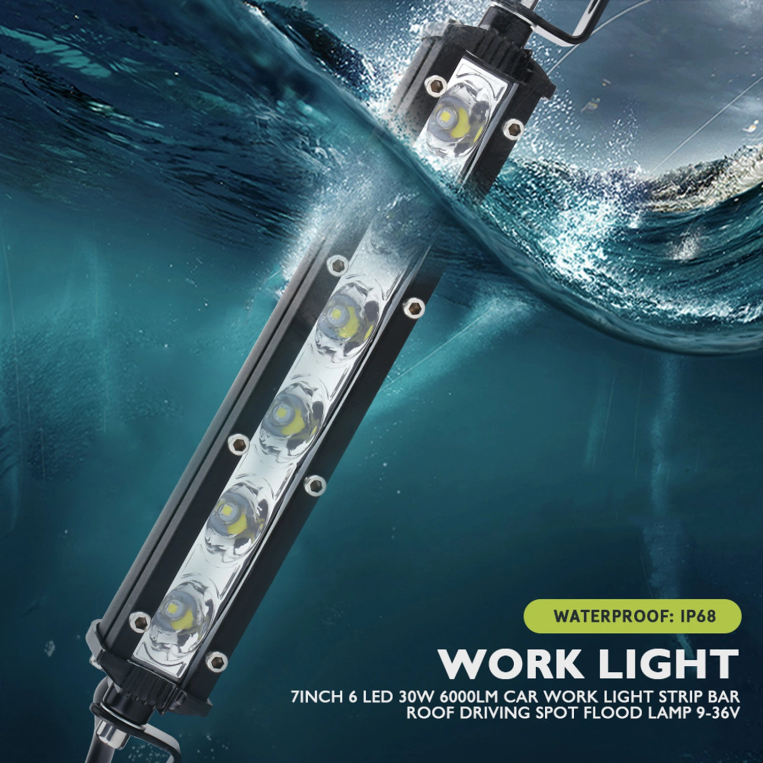 7inch 6 LED 30W 6000LM Car Work Light Strip Bar Roof Driving Spot Flood Lamp 9-36V