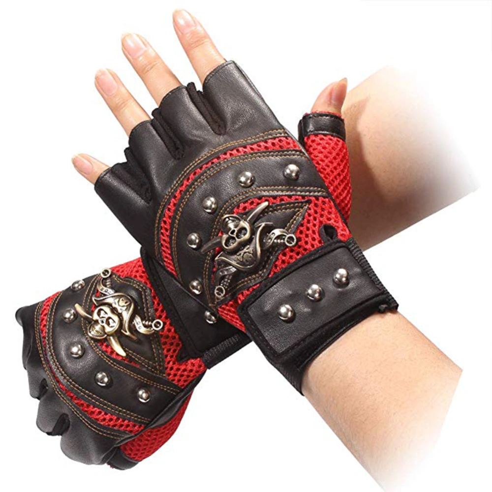 1 Pair Artificial Leather Rivets Pirate Skeleton Gloves Punk Half Finger Gloves Men's Gloves for Motorcycle Riding Outdoor Sports