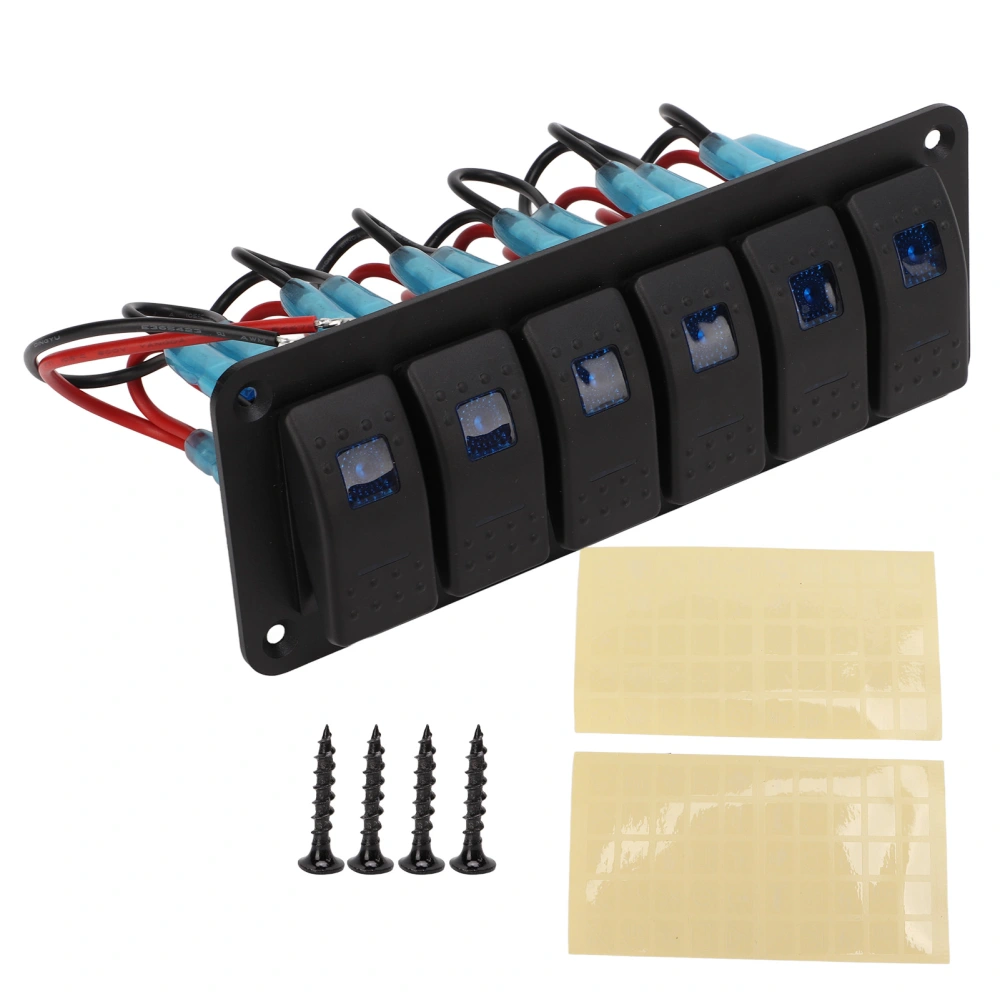 6 Gang Rocker Switch Panel Overcurrent Protection LED Blue Backlit IP65 Waterproof for 12‑24V Vehicles Boats SUV Trucks