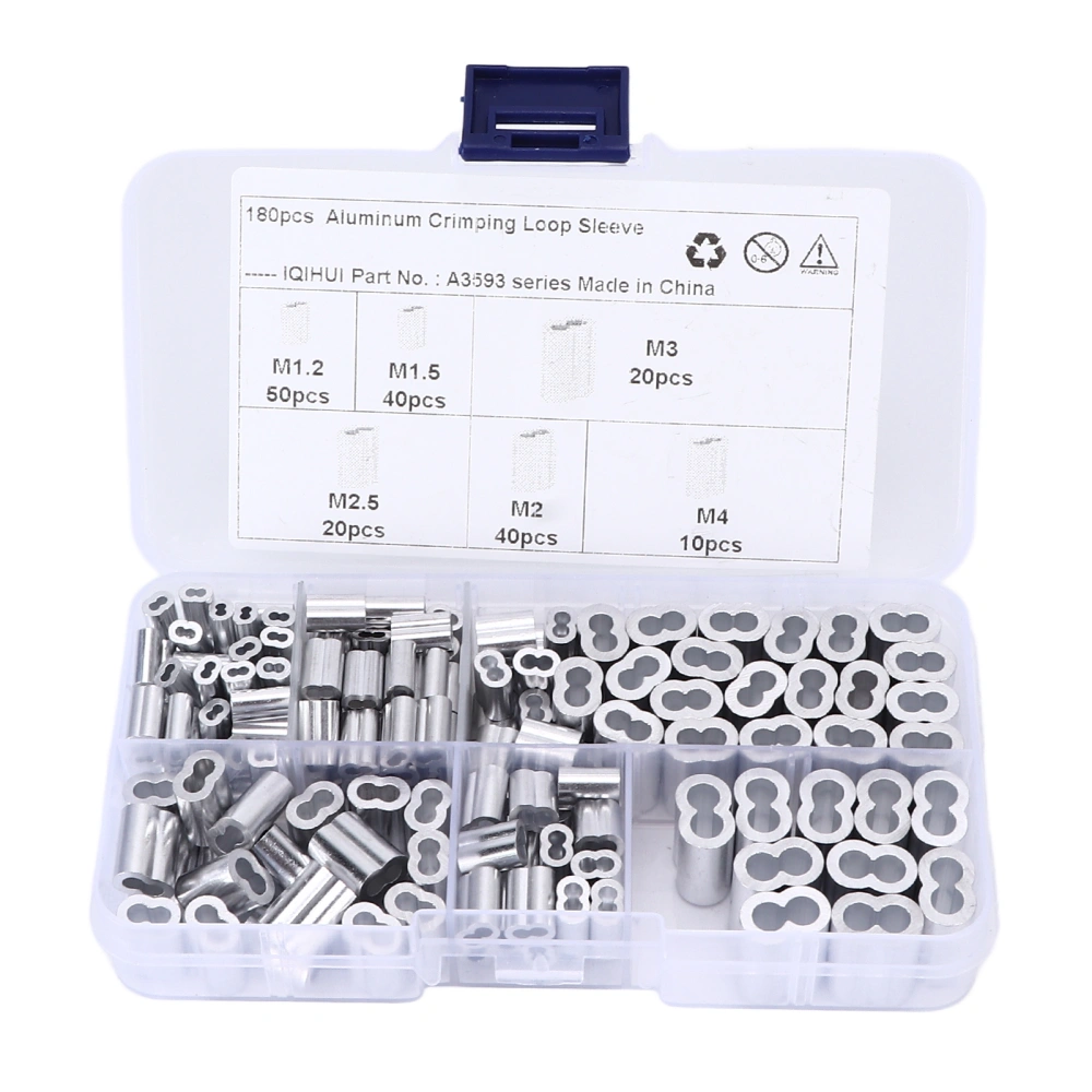 180pcs Crimping Loop Sleeve Kit 6‑Size Aluminum Double Barrel Ferrule Universal for Wire Rope Cable Line End