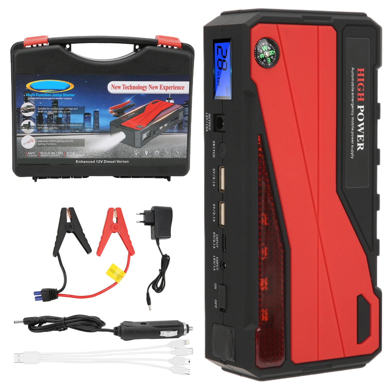BuyWeek 32000mAh Car Jump Starter Power Bank 12V LED Digital Display 1000A Peak Dual USB Output EU100‑240V