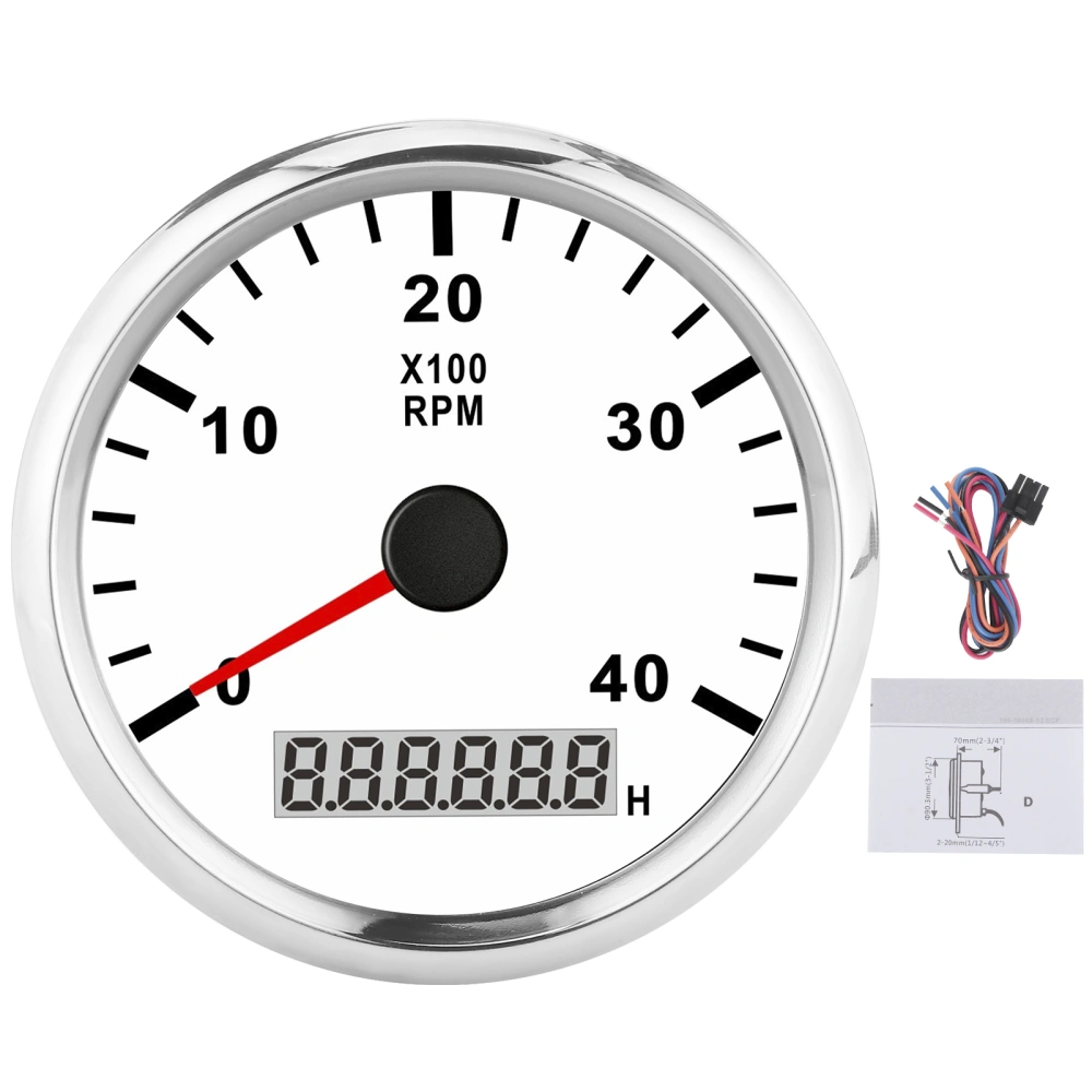 85mm Pointed Boat Tachometer LCD Digital 4000RPM with Red Backlight IP67 Waterproof 12V/24VWhite Dial Silver Cover