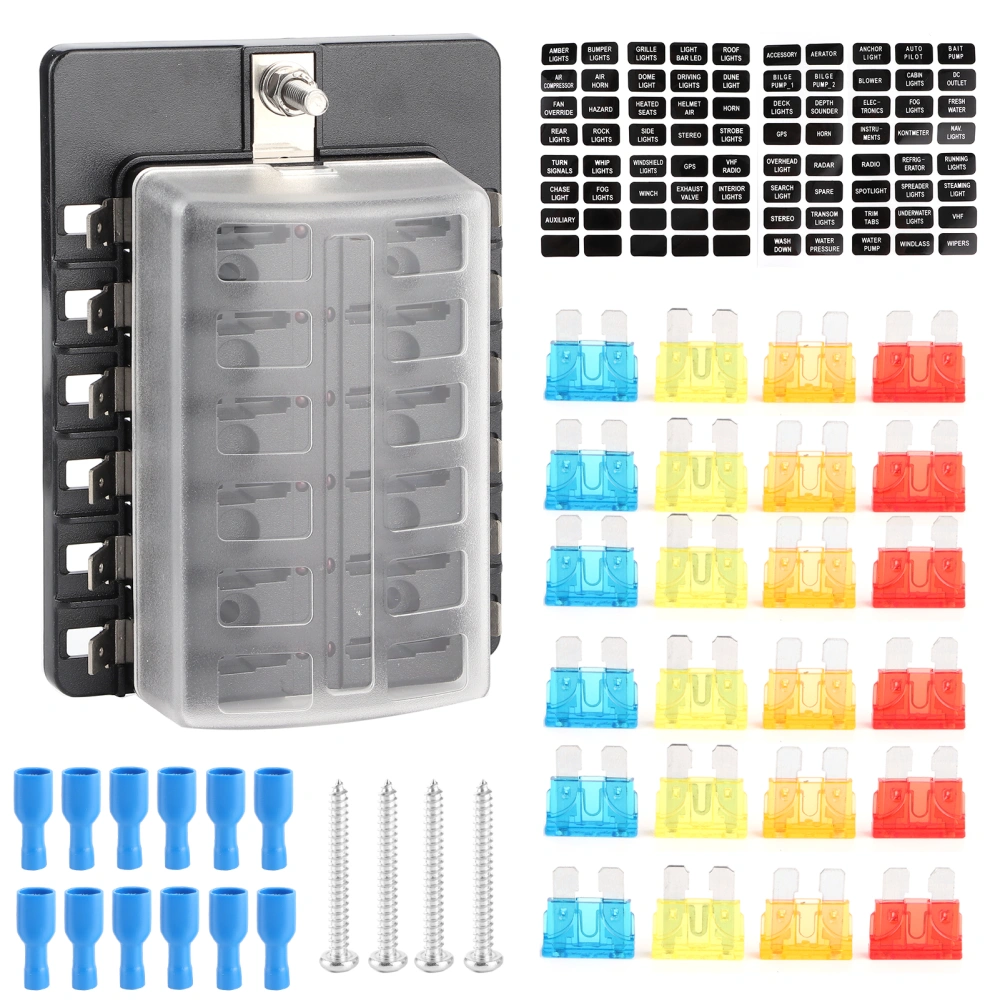 12‑Way Fuse Box Kit Blade Fuse Block Holder with LED Indicator for Car Truck Bus Marine Boat Yacht