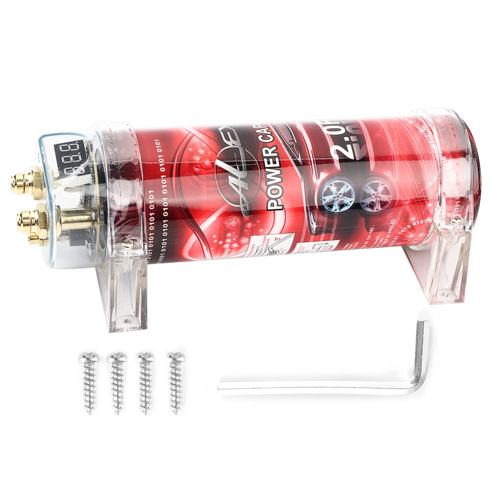 2 Farad Car Audio Power Capacitor Amplifier Voltage Regulator Red LED 10‑16V DC Modified Auto Parts