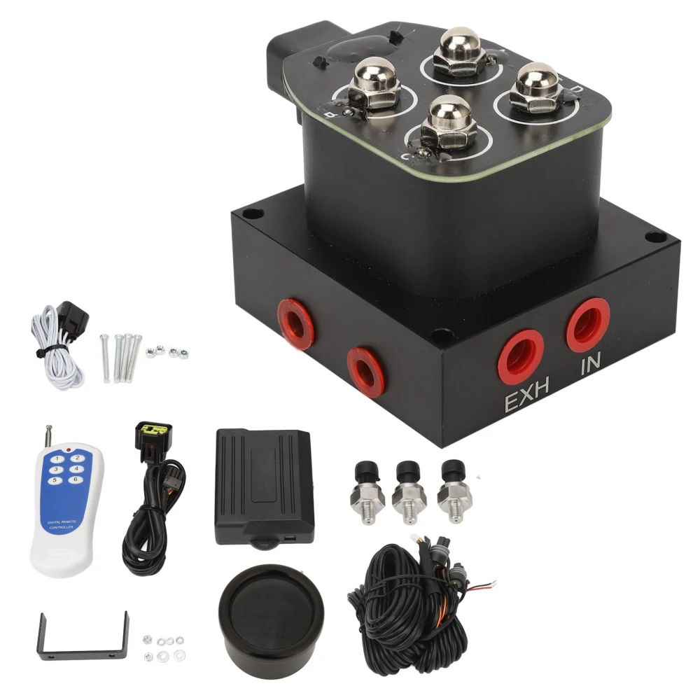 12V Auto Manifold Solenoid Valve Air Ride Corner Block Suspension Manifold Valve Block with 0‑220PSI Pressure Gauge