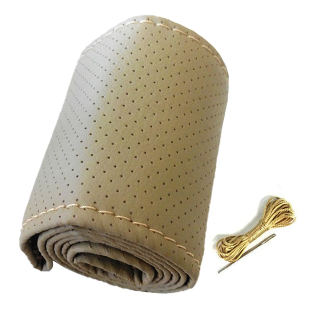 Universal Car Steering Wheel Cover Hand Sewing Perforated Microfiber Leather Steering Wheel Cover for 38cm Diameter Beige