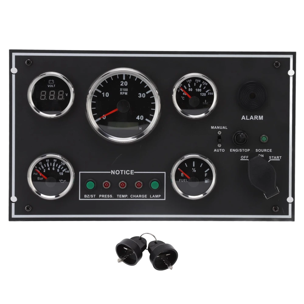 Tachometer Water Temp Meter Voltmeter Oil Pressure Oil Level Gauge Multifunction Panel with Ignition Key for RV Boat 24V