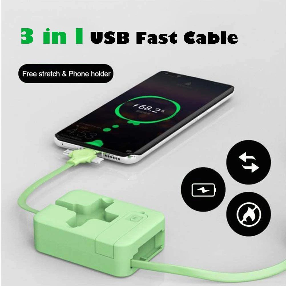 3 in 1 Charging Cable Roll Mobile Phone Holder Retractable Quick USB Cable Charging Cable Compatible for Cell Phones Tablets