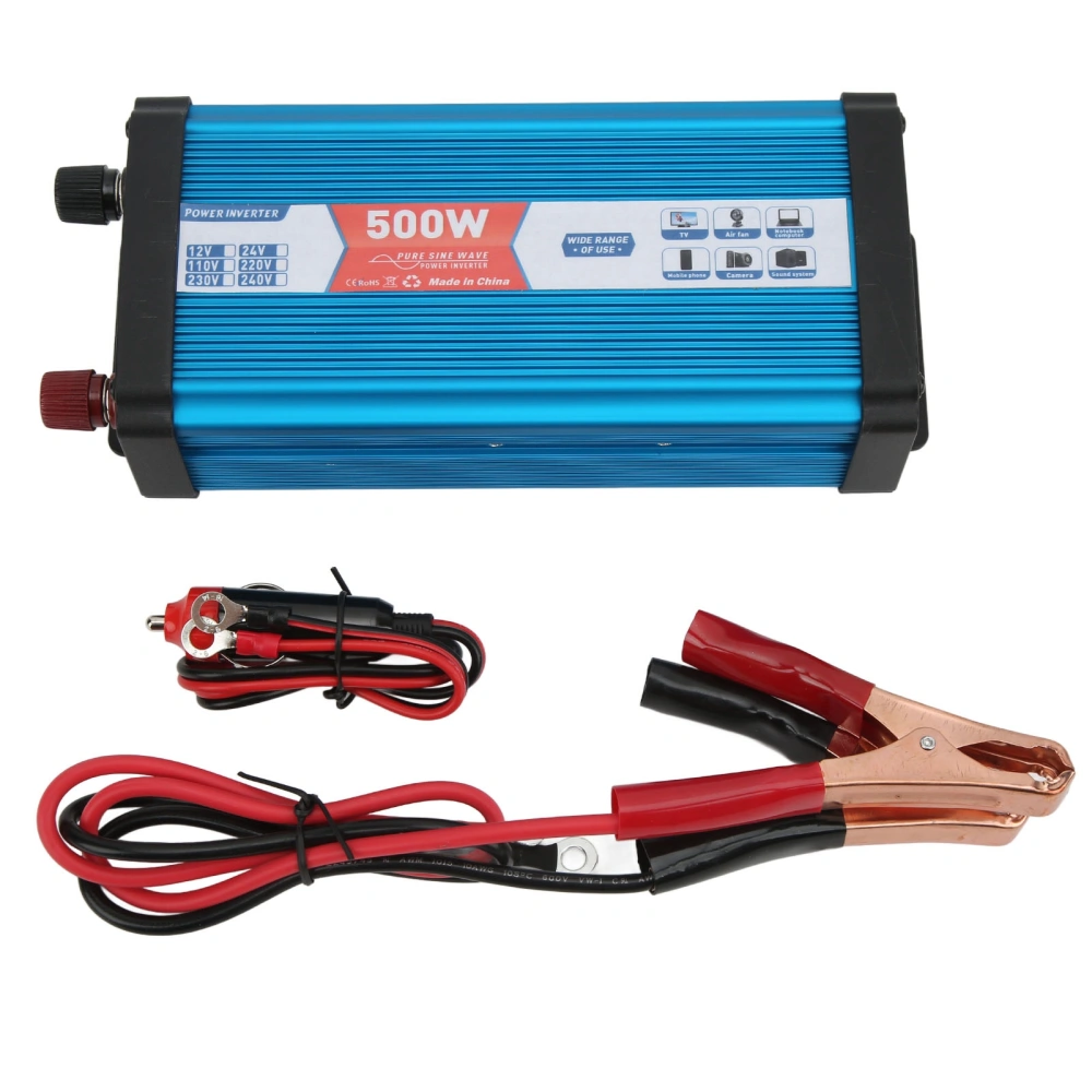 500W Power Inverter Peak 1000W Pure Sine Wave Dual USB Ports Overload Protrction Cooling Fan for Home Car Boat 12V To 220V