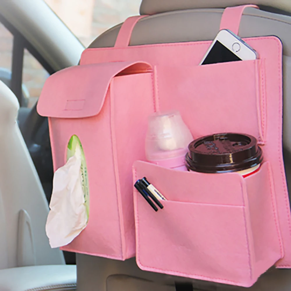 BuyWeek Car Rear Seat Hanging Bag Multifunction Storage Organizer Hook and Loop Fasteners Large Capacity Pink