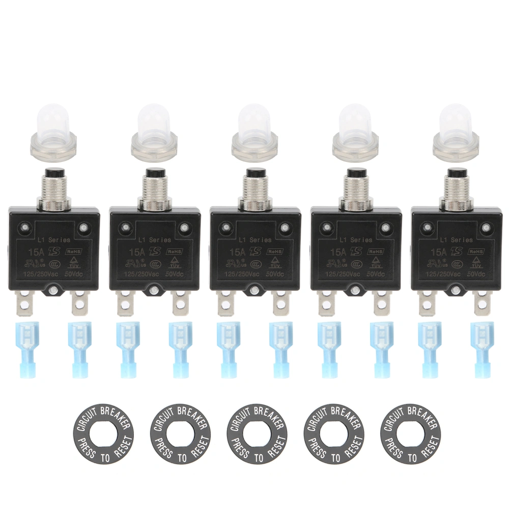 22PCS 15Amp Thermal Circuit Breaker 125‑250VAC 50VDC with Quick Connect Terminal Waterproof Button Cap