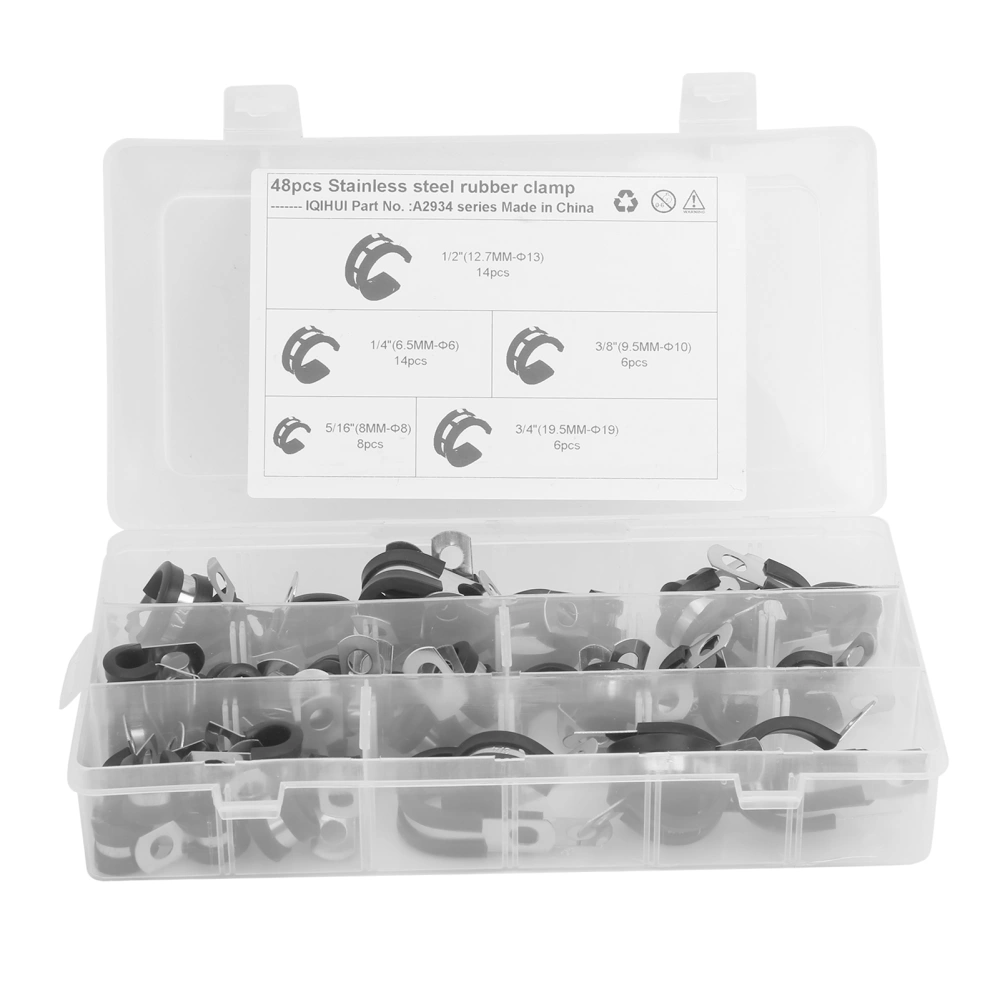 48pcs R-Type Pipe Clamp Assortment Kit Rubber Cushion Clips 5 Sizes 1/4in 5/16in 3/8in 1/2in 3/4in