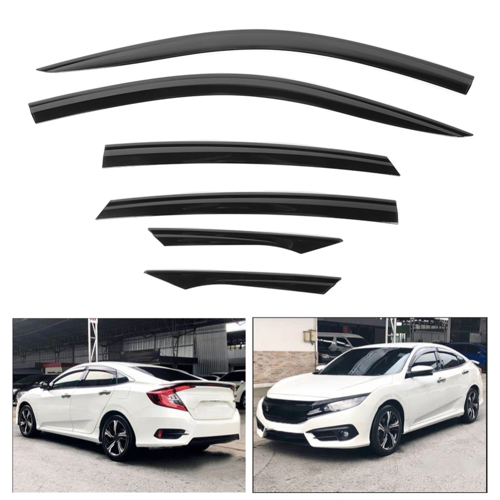 BuyWeek 6pcs Black Window Visor Vent Sun Rain Shade Deflector Fits for Honda Civic 2016‑ON