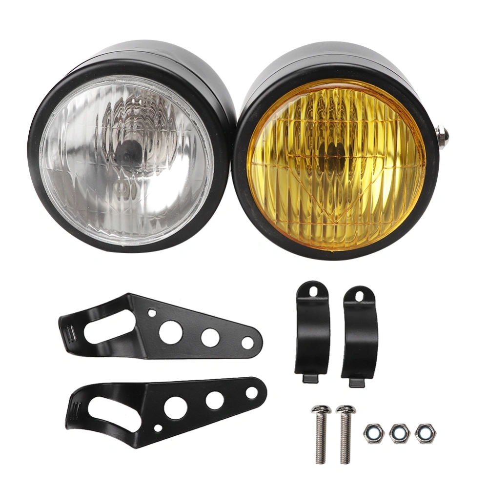 Universal Motorcycle 8.5in Iron Front Double Twin Round Headlight Lamp(Black and White Yellow)