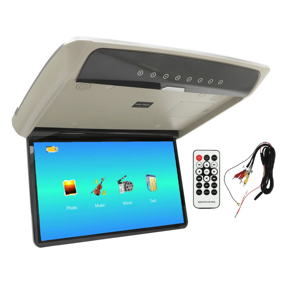 15.6in Car Overhead Roof Mounted Monitor IPS HD Screen MP5 Player Ultra Thin Flip Down Multimedia Player for Commercial Vehicle RV Grey