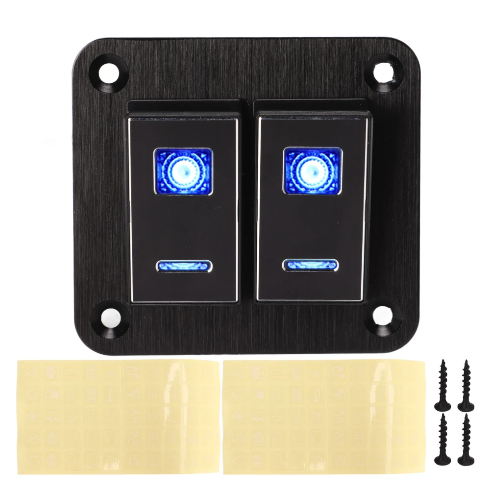 2 Gang Rocker Switch Panel Waterproof ON OFF Blue Backlit Aluminum Alloy Anodize Black Brushed for Car Boat Truck RV