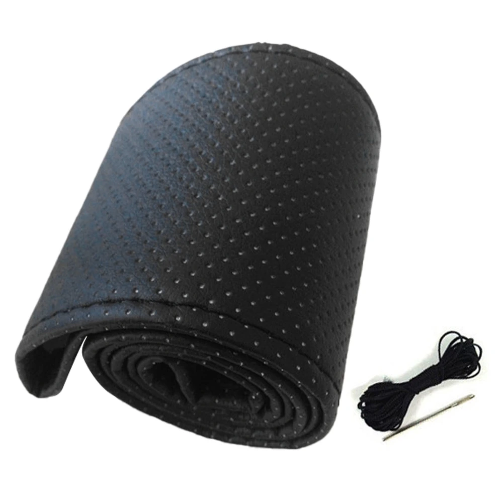 Universal Car Steering Wheel Cover Hand Sewing Perforated Microfiber Leather Steering Wheel Cover for 38cm Diameter Black