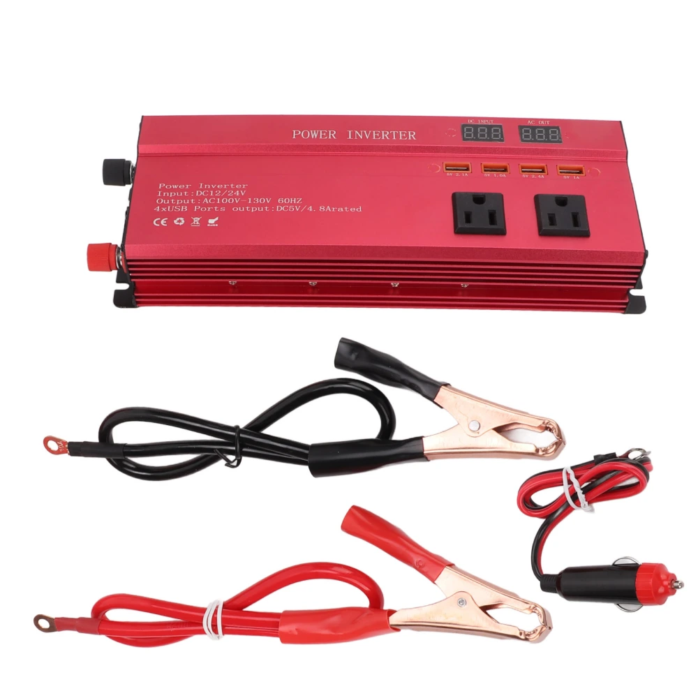 Power Inverter Modified Sine Wave 12V/24V to 60HZ 900W 3 AC Outlets 4 USB Ports for Phone Tablet