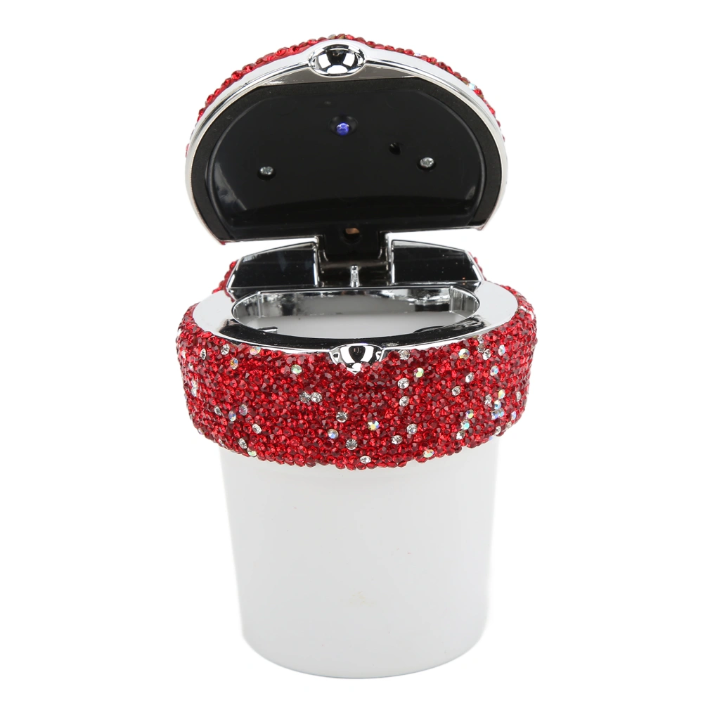 Car Ashtray DiamondStudded Smokeless Container with LED Light Indicator Multifunctional Universal(Red )