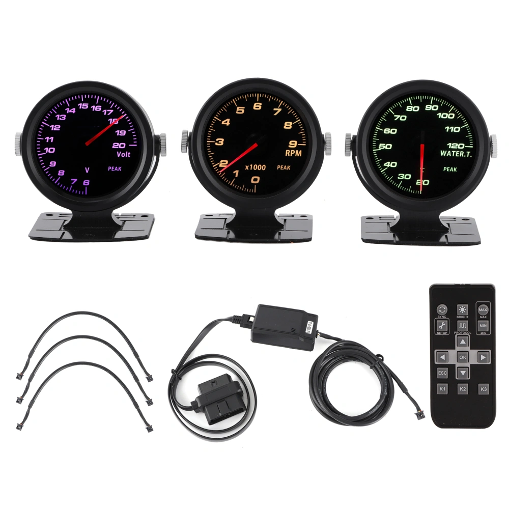 60mm Touching 17 Color OBD2 3 Gauges Combo Set RPM+ Water Temperature + Volt Gauge