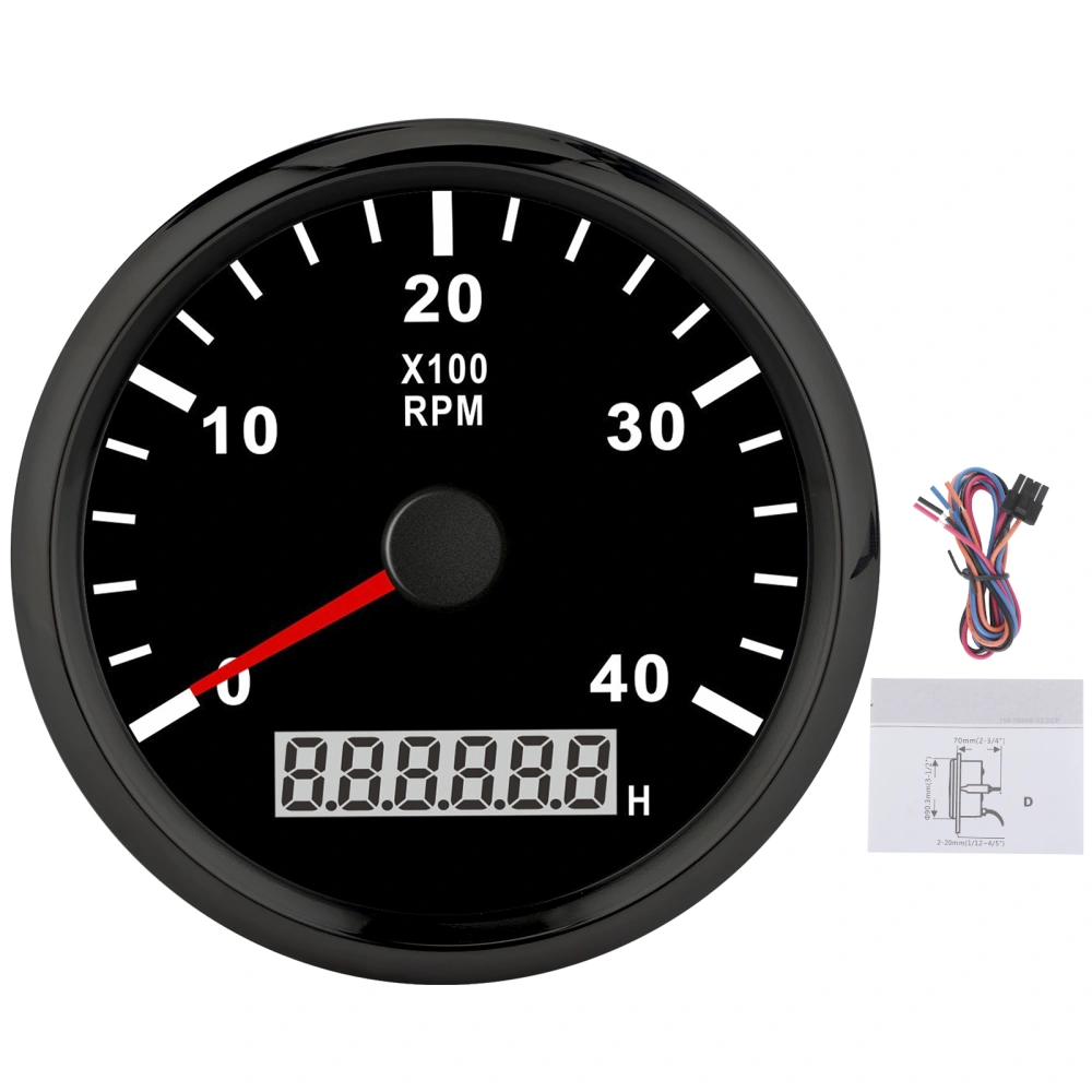 85mm Pointed Boat Tachometer LCD Digital 4000RPM with Red Backlight IP67 Waterproof 12V/24VBlack Dial Black Cover