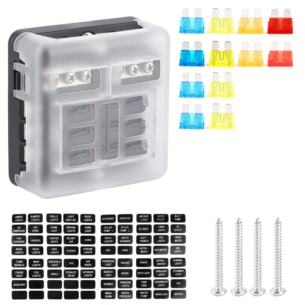 6-Way Fuse Box Blade Fuse Block Holder with LED Indicator Light for Automotive Car Marine Boat