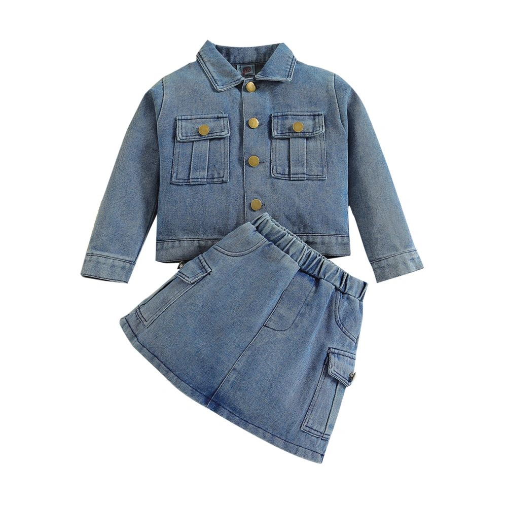 Girls Denim Skirt Set, Long Sleeve Button-down Jacket with Mini Skirt