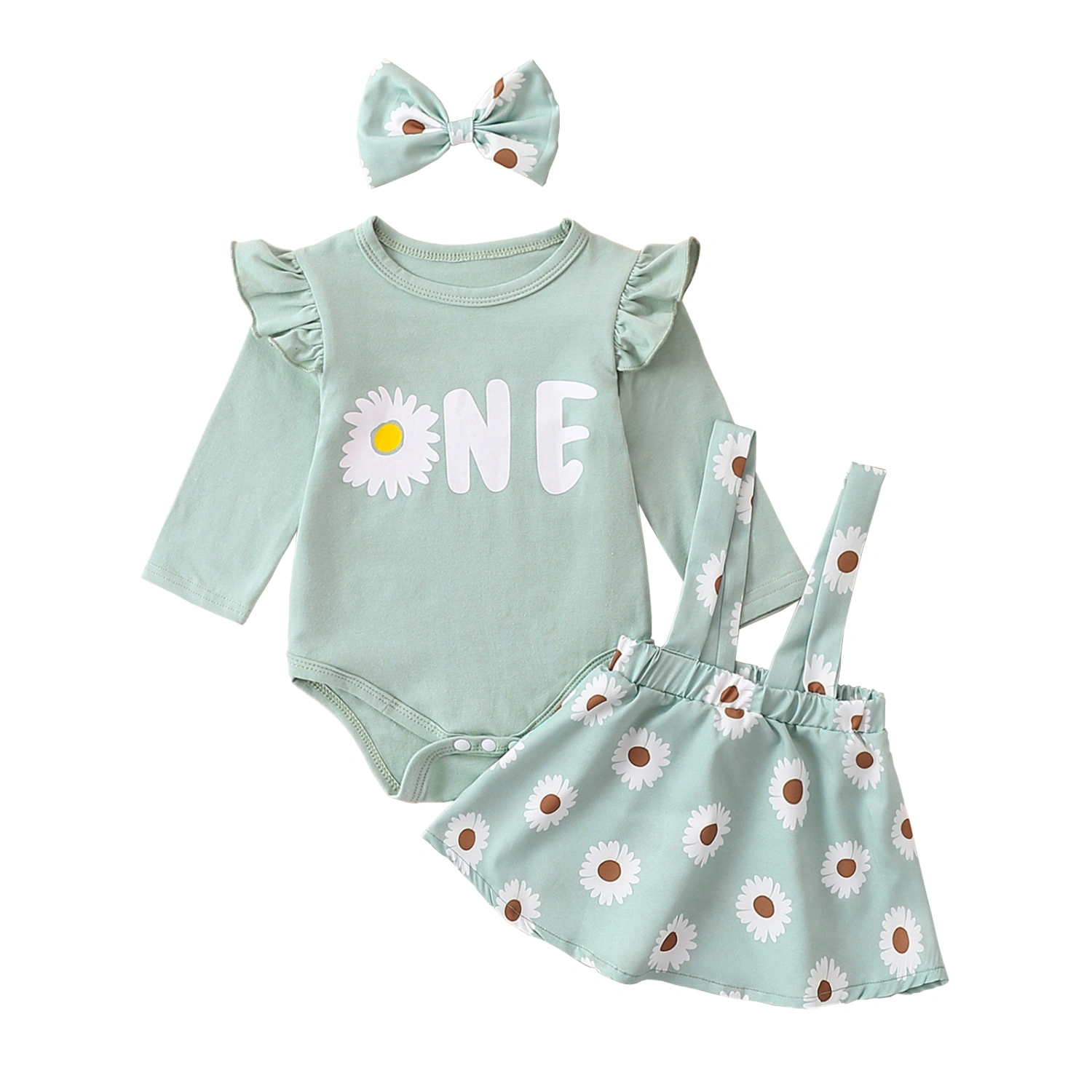 Baby Letter Print Romper Daisy Print Suspender Skirt Headband Set