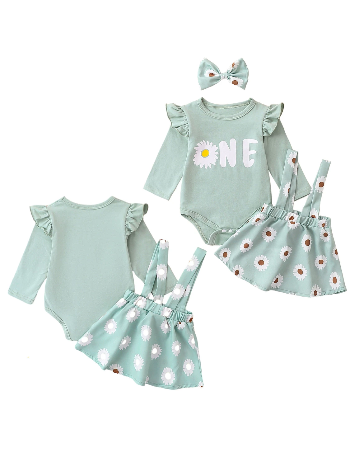 Baby Letter Print Romper Daisy Print Suspender Skirt Headband Set