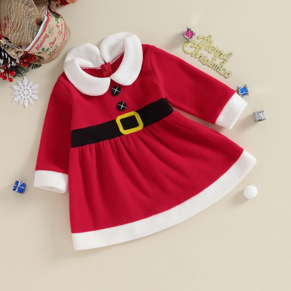 Toddler Girls Christmas Red Long Sleeve Doll Collar Plush Dress