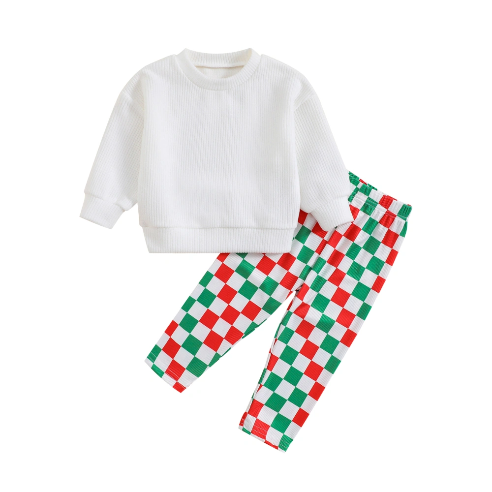 Baby Christmas Solid Long Sleeve Sweatshirt Checkerboard Print Pants