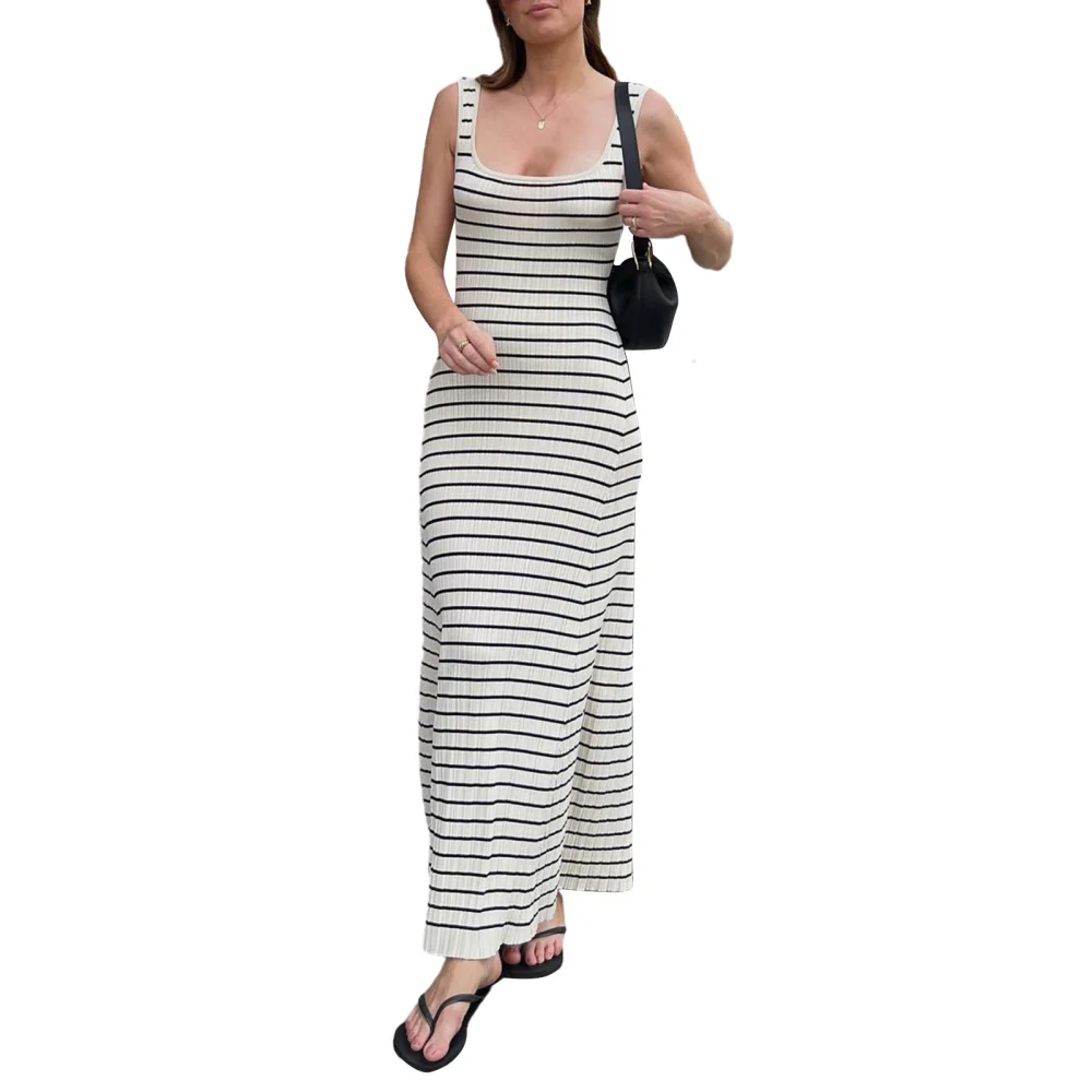 Women’s Knit Long Dress Sleeveless Scoop Neck Striped Bodycon Dress