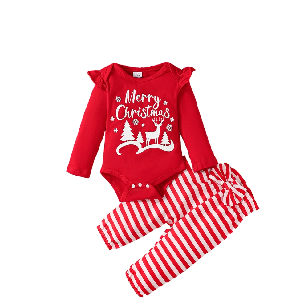 Baby Girls Christmas Outfits Long Sleeve Romper + Striped Print Pants