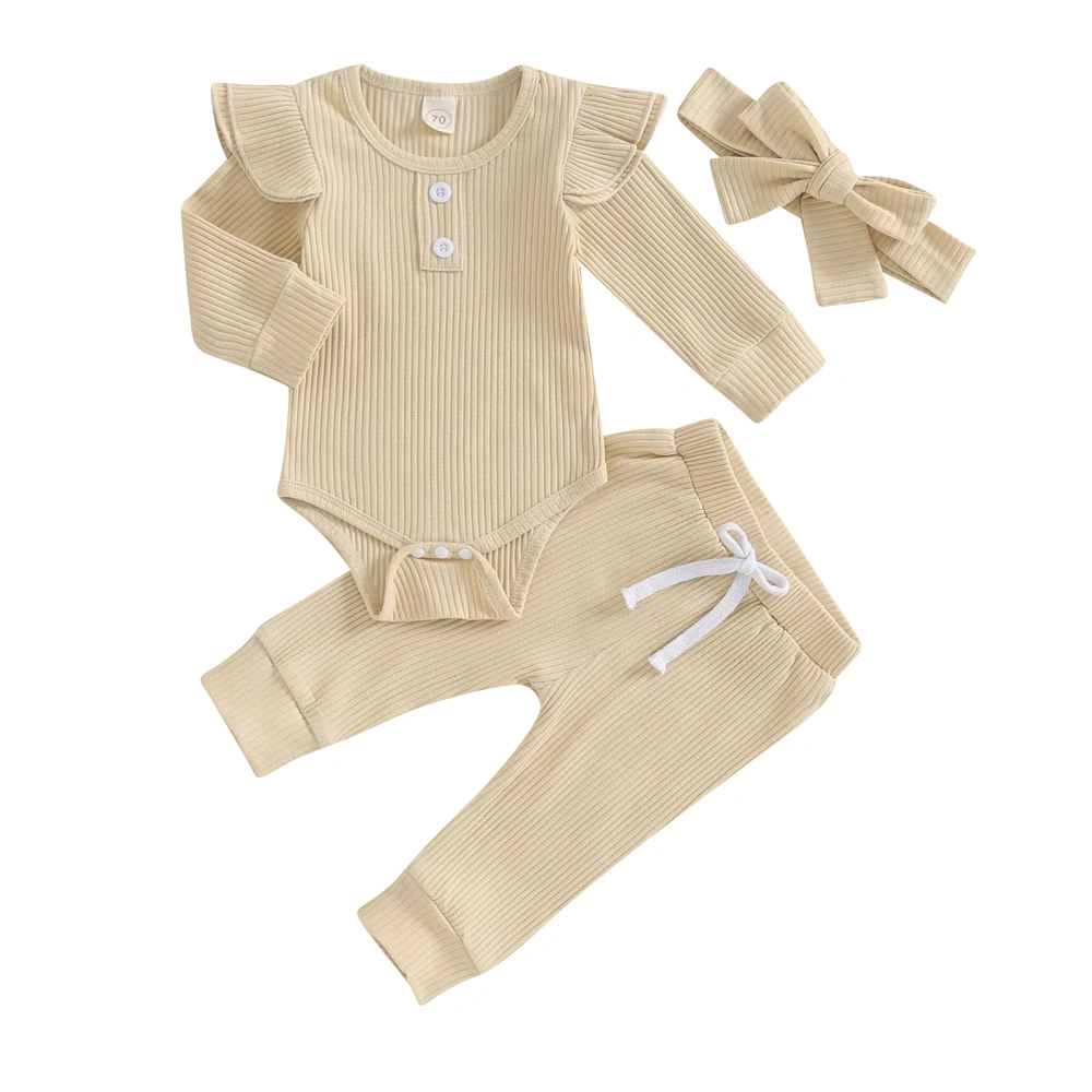 Infant Baby Girl Solid Color Ribbed Long Sleeve Romper Pants Headband