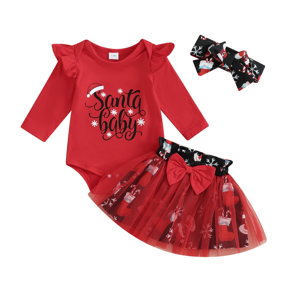 Baby Girls Christmas Clothes Letter Print Romper and Skirt Headband