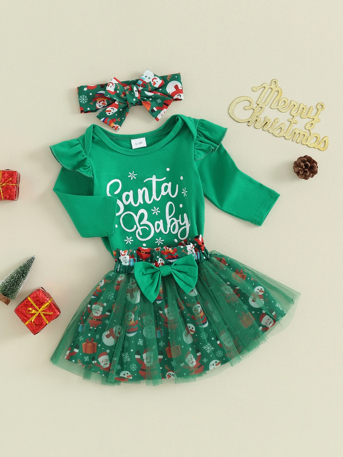 Baby Girls Christmas Clothes Letter Print Romper and Skirt Headband