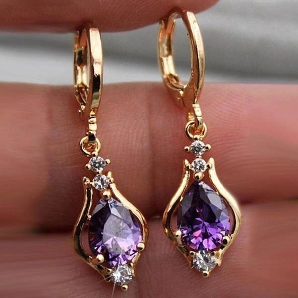 Gold Color Red Zircon Purple Zircon Hoop Earrings Vintage Woman Rainbow Zircon Long Earrings Cute Dainty Geometric Zircon Wedding Earrings Anniversary Birthday Gift Fashion Jewelry