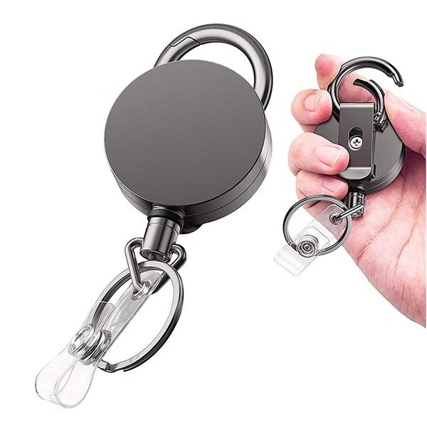 1PCS Retractable ID Badge Holder Heavy Duty Metal Body Carabiner Key Chain Metal Keychain with Belt Clip