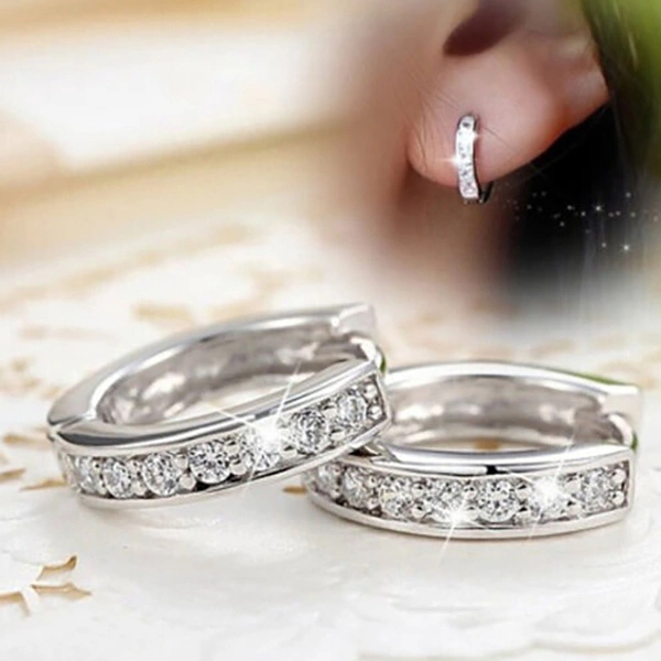 Luxury 925 Silver Elegant Heart Diamond Hoop Ear Stud Earrings for Women Round Wedding Bridal Jewelry