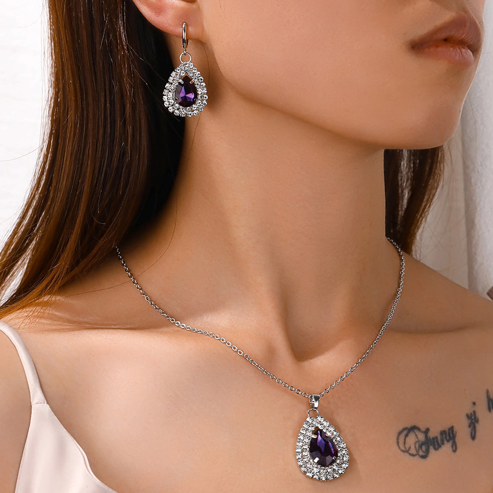 Stock 925 Sterling Silver Purple Crystal Pendant Necklace Hoop Earring Set Ear Leverback Necklace 18" Silver Chain For Woman Wedding