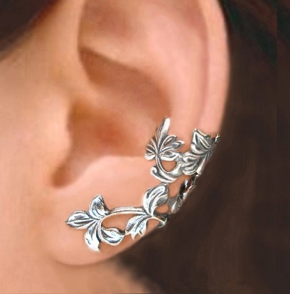 Women's Antique 925 Sterling Silver Spring Leaf Ear Cuff Cartilage Earrings Unique Ear Clip Flower Handmade Jewelry Bride Wedding Gifts