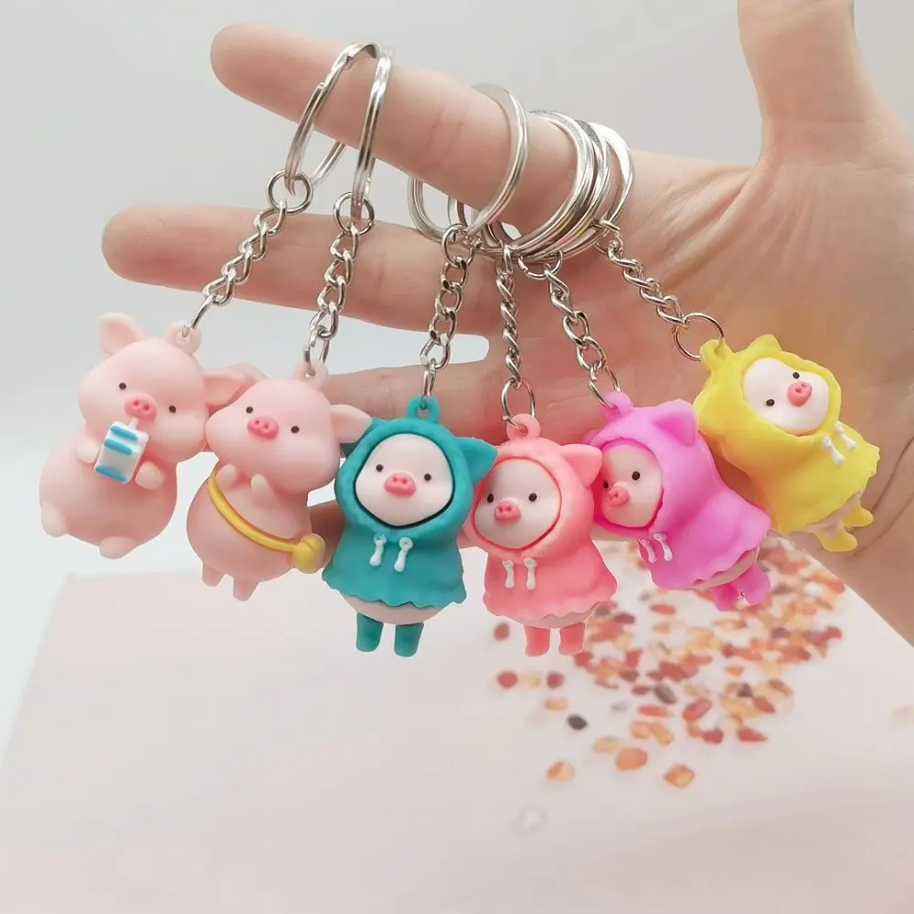 2023 New Cartoon Raincoat Piggy Keychain PVC Soft Key Candy Color Bag Pendant Personality Student Couple Gift