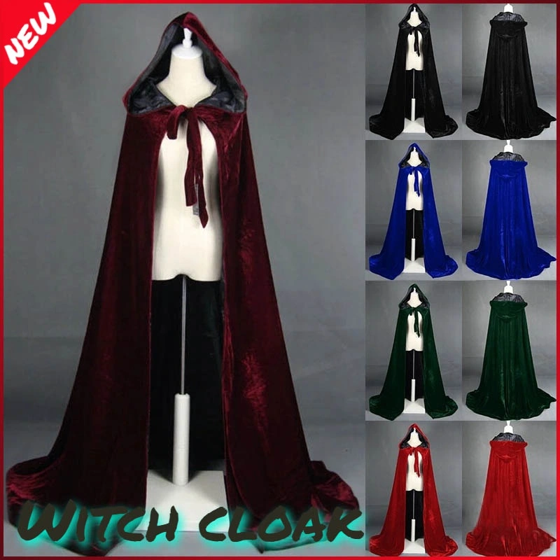 Adult/Kid Hooded Cape Long Velvet Cape Robe Halloween Carnival Purim Coat Medieval Witch Vampire Costume