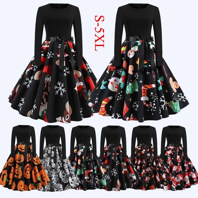 Fashion Ladies Autumn Winter Christmas Costume Casual Long Sleeves Halloween Print Party Dress Plus Size