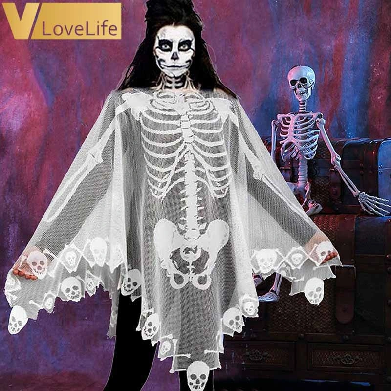 Women's Halloween White Lace Skull Cape Halloween Costume