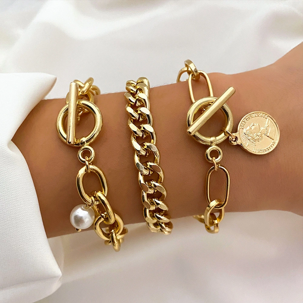 Yunseabuy 3pcs Punk Curb Cuban Chain Bracelets Set for Women Miami Boho Thick Gold Color Charm Bracelets Bangles Fashion Jewelry