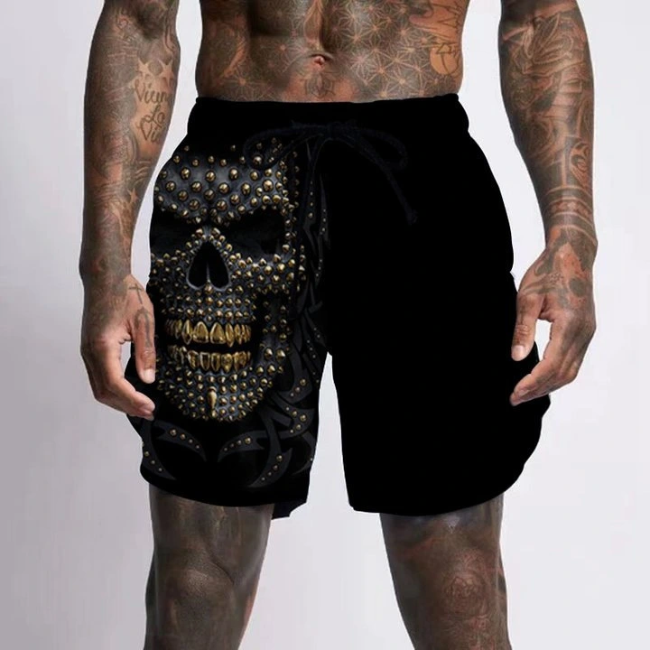 Skull Pattern Printing Digital 3D Men's Casual Quick-drying Beach Pants