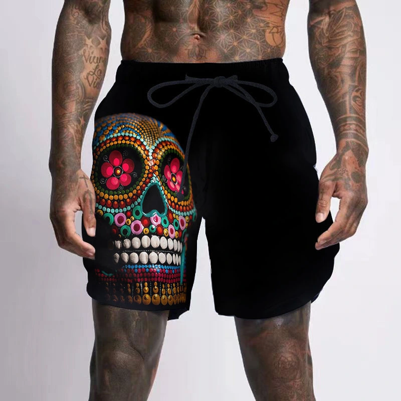Skull Pattern Printing Digital 3D Men's Casual Quick-drying Beach Pants