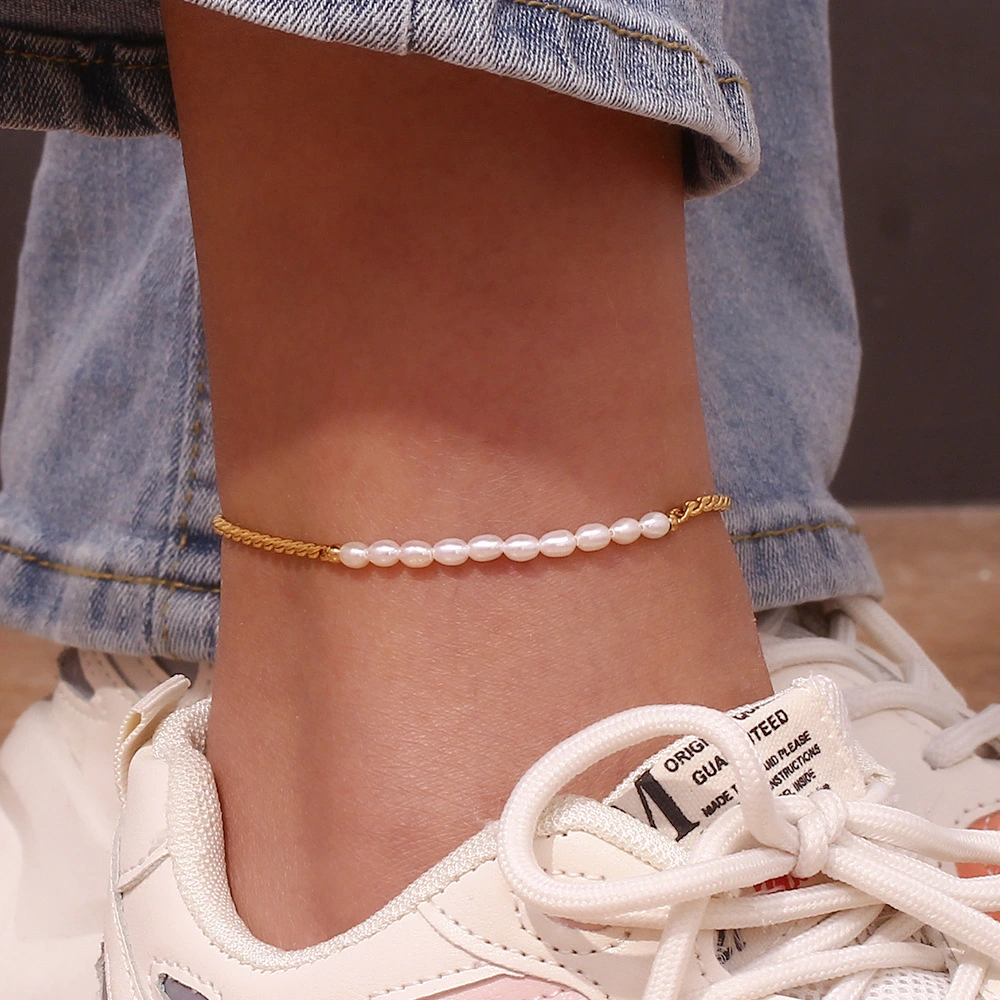 European And American Ins Fashion Special-interest Stitching Freshwater Pearl Anklet