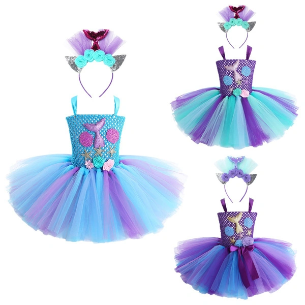 Kids Girls Mermaid Tutu Dress Birthday Halloween Cosplay Party Costume Princess Dance Dress up with Headband